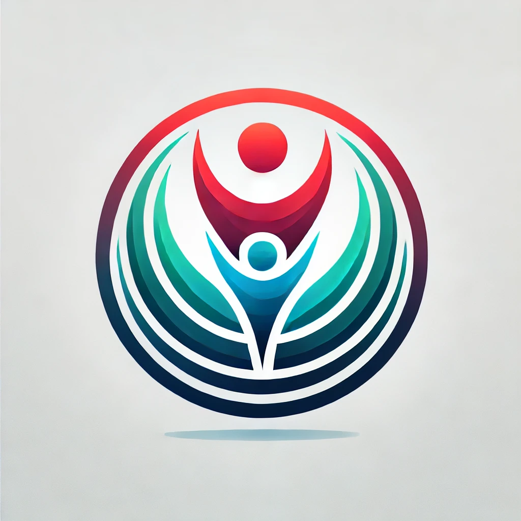 DALL·E 2024-10-14 14.33.23 – Create a minimalist logo with a circular shape and colorful figures representing ‚Coaching.‘ The design should use a gradient color palette of red, bl